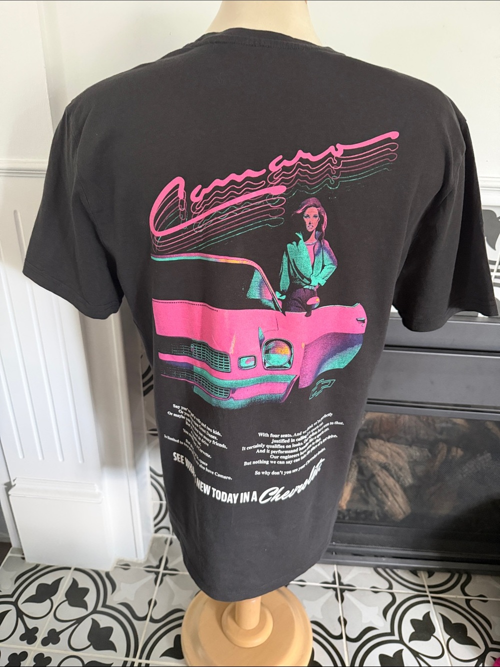 Vintage Chevrolet Graphic Tee — Black with Neon Pink & Teal 100% cotton